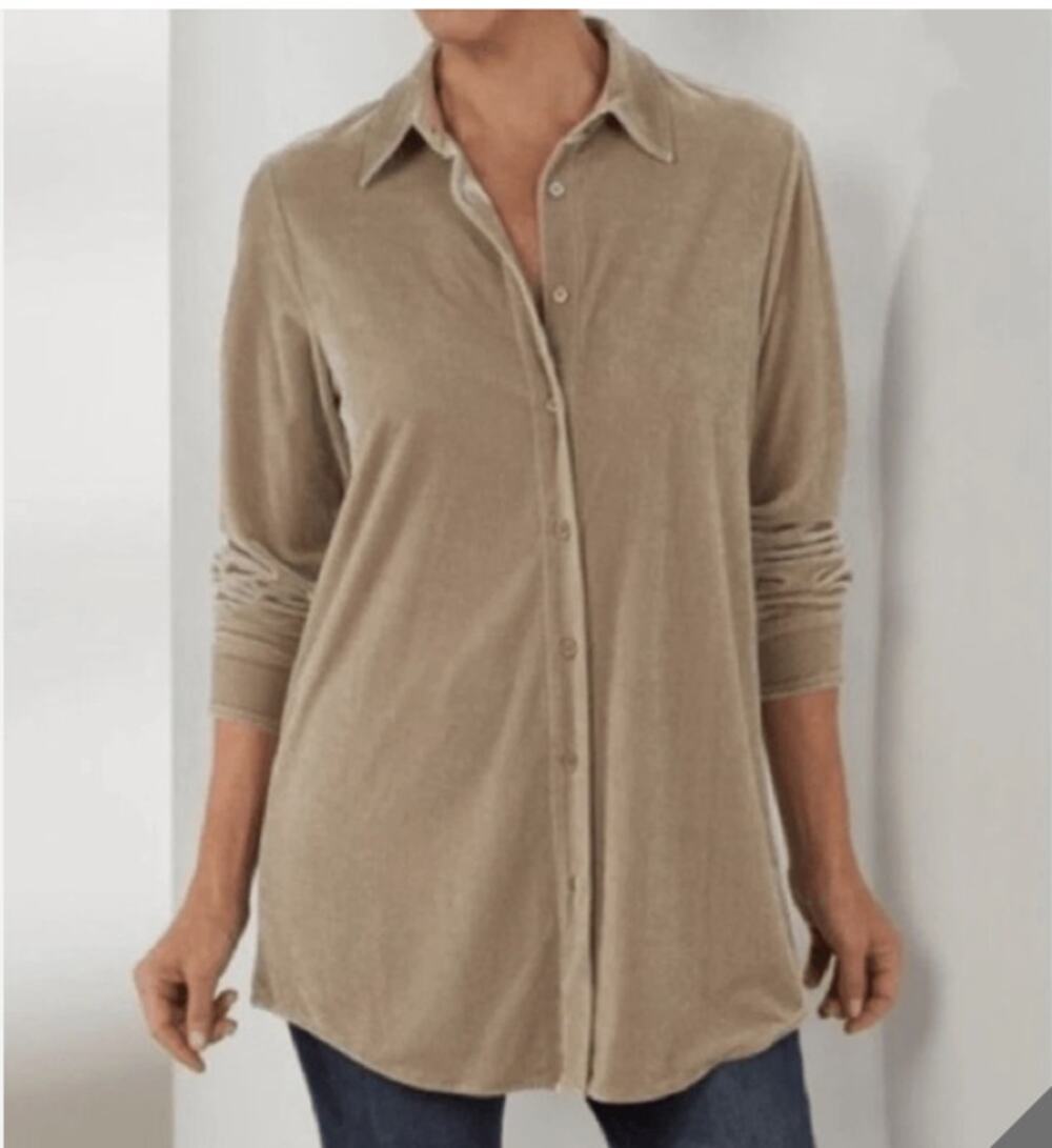 Soft Surroundings Brown Velvet Boyfriend Button Up Tunic Top Women PXL Lagenlook